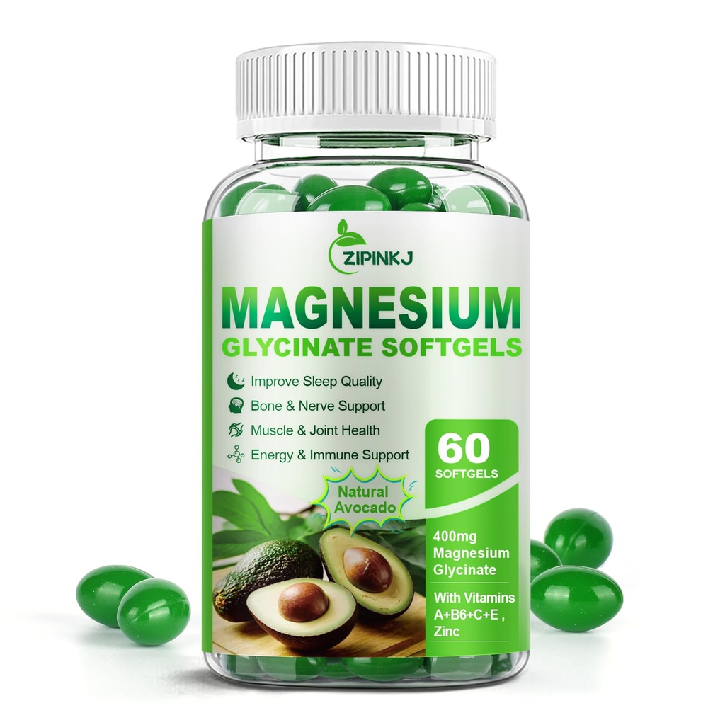 Magnesium Glycinat 400mg, Høj Absorption Magnesiumtilskud Softgel med vitamin E, B6, Zink til søvn, rolig, muskelafslapning & Knoglehelbred, Glutenfri, Non- GMO, 60 softgel