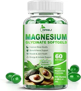 Magnesium Glycinat 400mg, Høj Absorption Magnesiumtilskud Softgel med vitamin E, B6, Zink til søvn, rolig, muskelafslapning & Knoglehelbred, Glutenfri, Non- GMO, 60 softgel