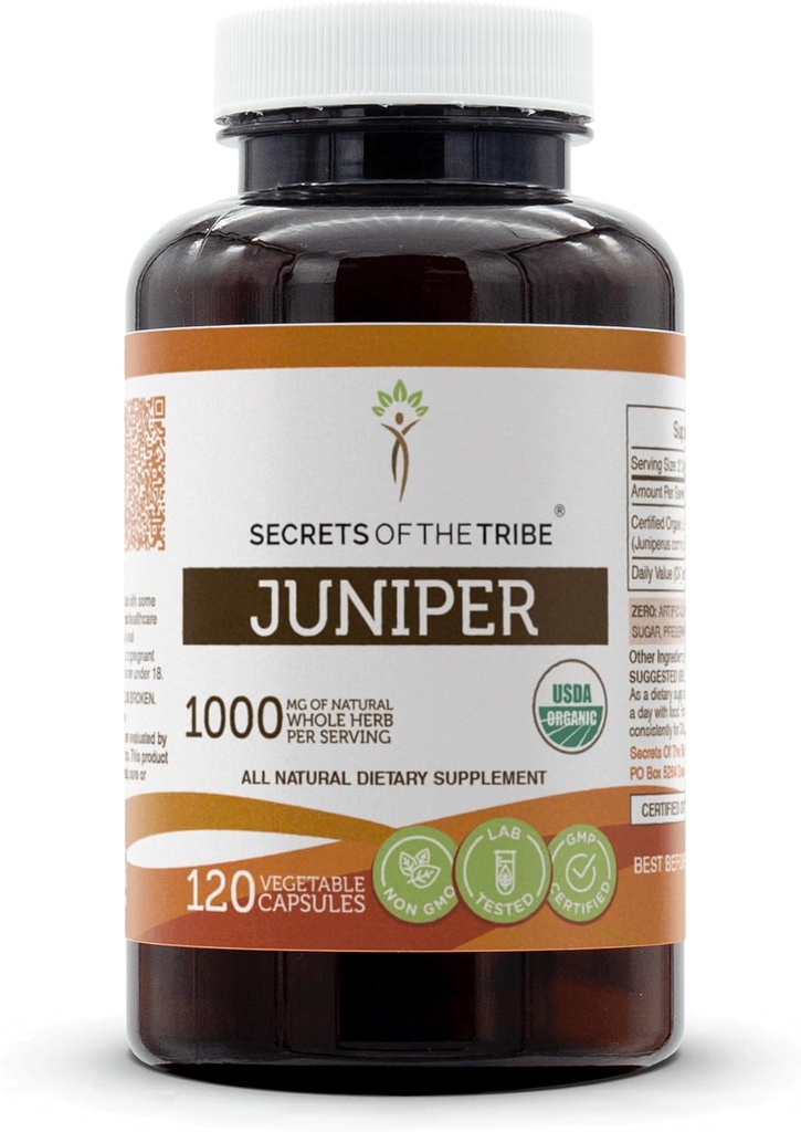 Secrets of the Tribe Juniper USDA Organic Measures 124; Lavet med vegetariske kapsler og Certified Organic Juniper (Juniperus communis) Tørret berry (120 Kapsler)