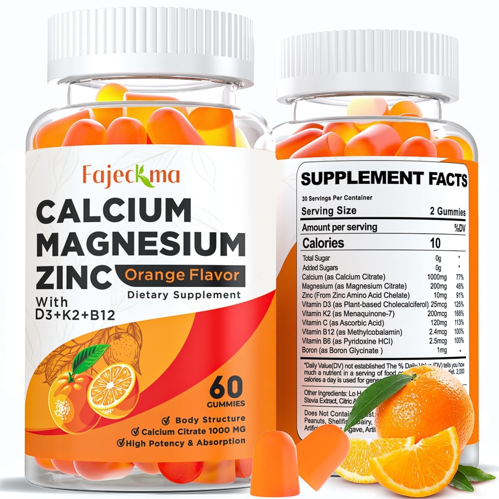 Calcium Magnesium Zinkgummier til voksne: Organic 1000mg Calcium Citrat Magnesium tillæg med D3 B12 - Sugar Free High Absorption Supplement for Women Men (60 Tæl (pakke med 2))