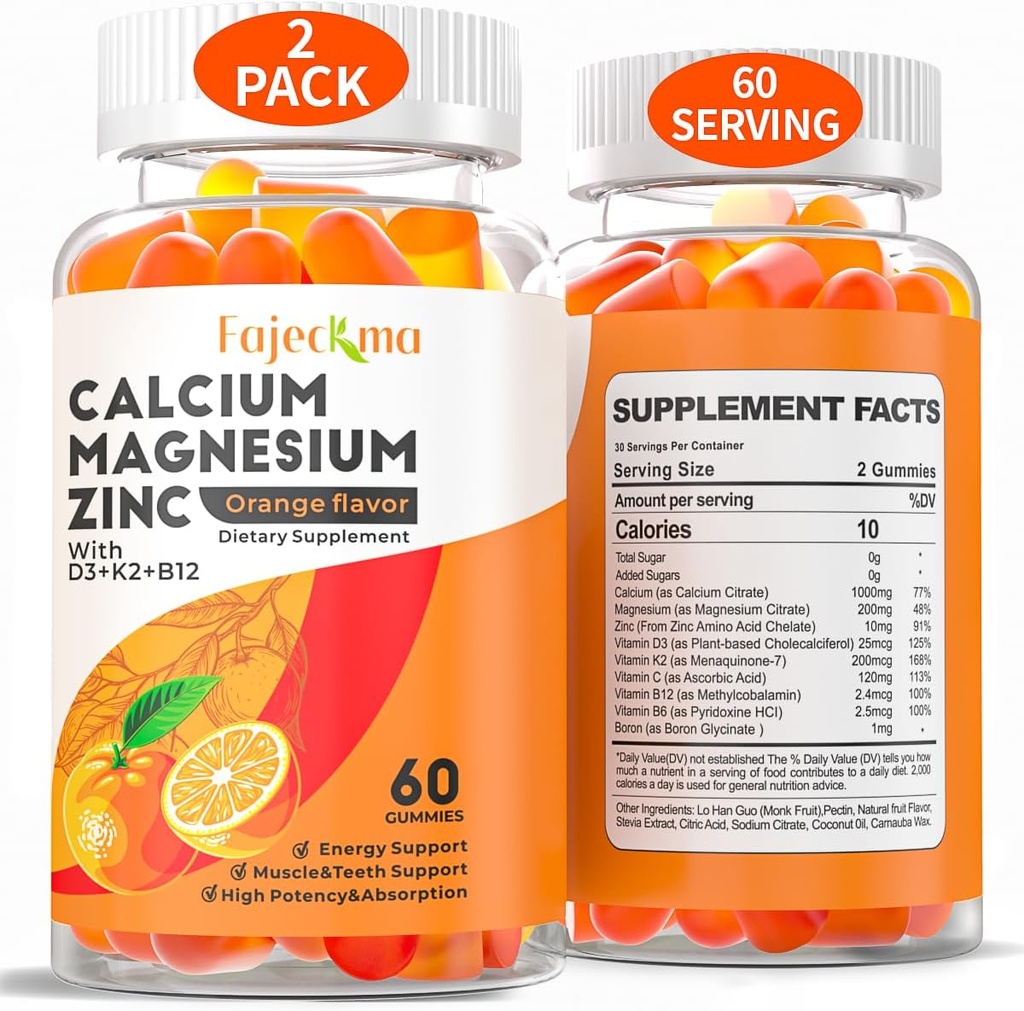 Calcium Magnesium Zinkgummier til voksne: Organic 1000mg Calcium Citrat Magnesium tillæg med D3 B12 - Sugar Free High Absorption Supplement for Women Men (60 Tæl (pakke med 2))
