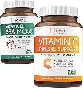 Bundle af C-vitamin immunforsvar & Irish Sea Moss - Genopfrisk & Revive Set - C-vitamin immunstøtte med zink (60 Veg Kapsler) & Irish Sea Moss med BioPerine (non-GMO & økologisk) - 60 Caps