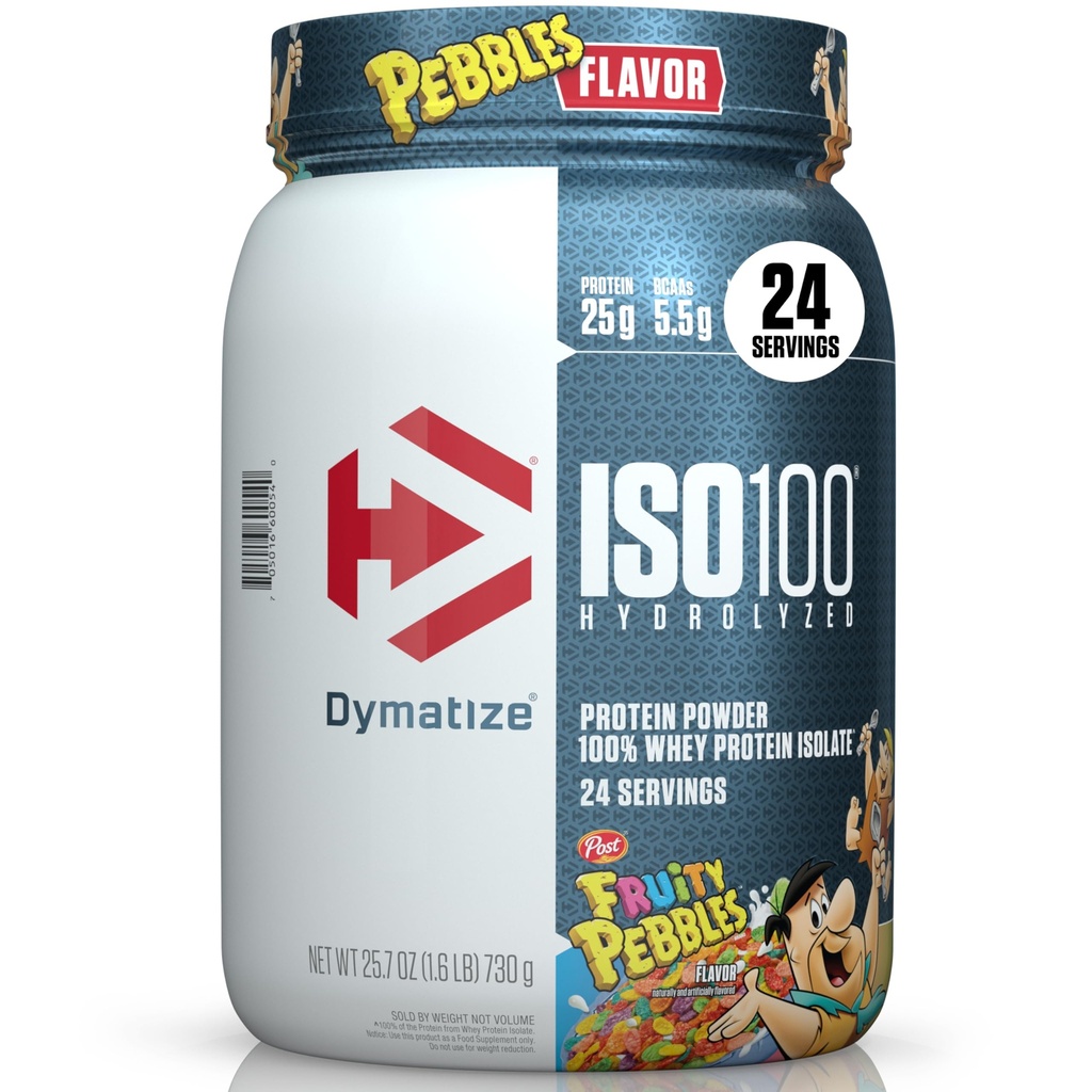 Dymatize x Fruity Småsten ISO100 Whey Protein Powder Isolate, 25g protein, 20 Servere, 5,5g BCAA, 120 Cal., Gluten Free, 1g fedt, 1g sukker, 2g Carb (24 Servere)
