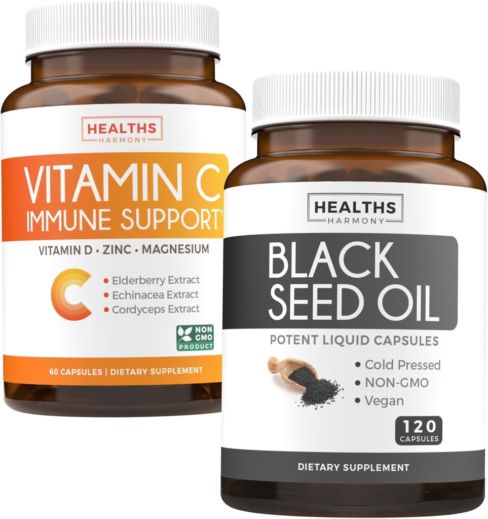Black Seed & C-vitamin (2-måned Supply) Complete Defense immunbundle of Black Seed Oil - Nigellia Sativa Cold- Pressed Cumin Seed (120 kapsler) & C-vitamin Immunstøtte (60 vegetariske tabletter)