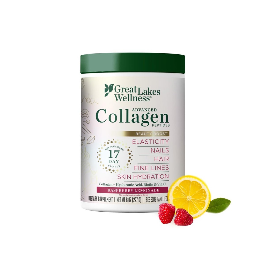 Great Lakes Wellness Beauty Boost avanceret collagen peptider pulver med hyaluronsyre, biotin, C-vitamin - hudelasticitet og hydrering - Raspberry Lemonade Flavor - Non- GMO, Keto, Kosher - 8 oz