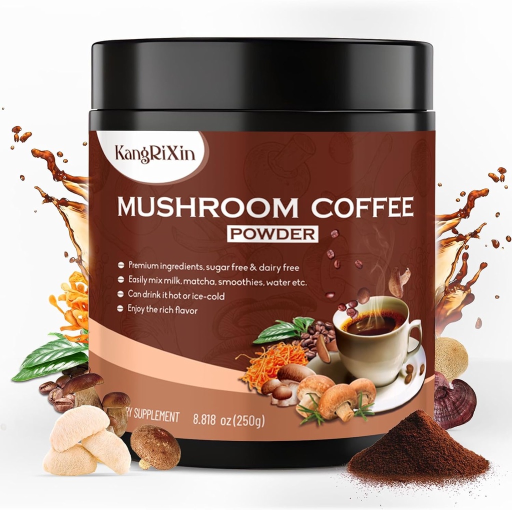 Mushroom Coffee Powder - Mushroom Powder Supplement med Lions Mane, Hericium Erinaceus, Ganoderma Lucidum, Cordyceps Militars, Shiitake; Mushroom Instant Coffee