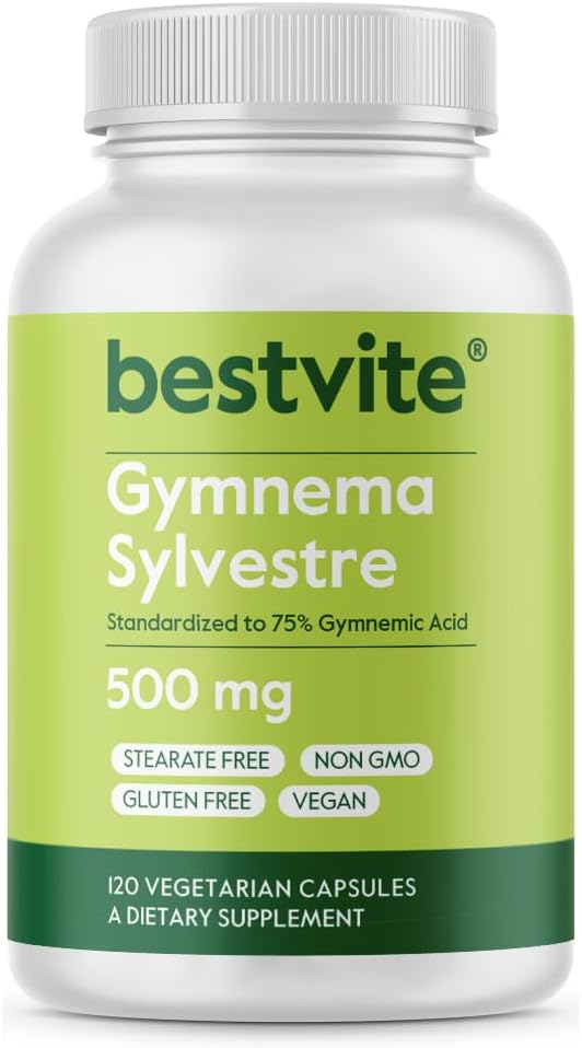 BESTVITE Gymnema Sylvestre 500mg (120 Vegetariske kapsler) - Standardiseret til 75% Gymnamisk syre - Ingen Stearates - Ingen Fillers - Ingen Flow Agents- Vegan - Ikke GMO - Gluten Free