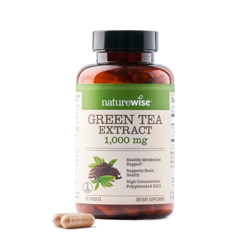NatureWise Green Tea Extract kapsler 1000 mg - 50% EGCG & 98% Polyphenoler - Ekstra styrke Green Tea Pills - Antioxidanter til hjerte sundhed & energi - Vegan, Non- GMO - 60 greve [30- Day Supply]