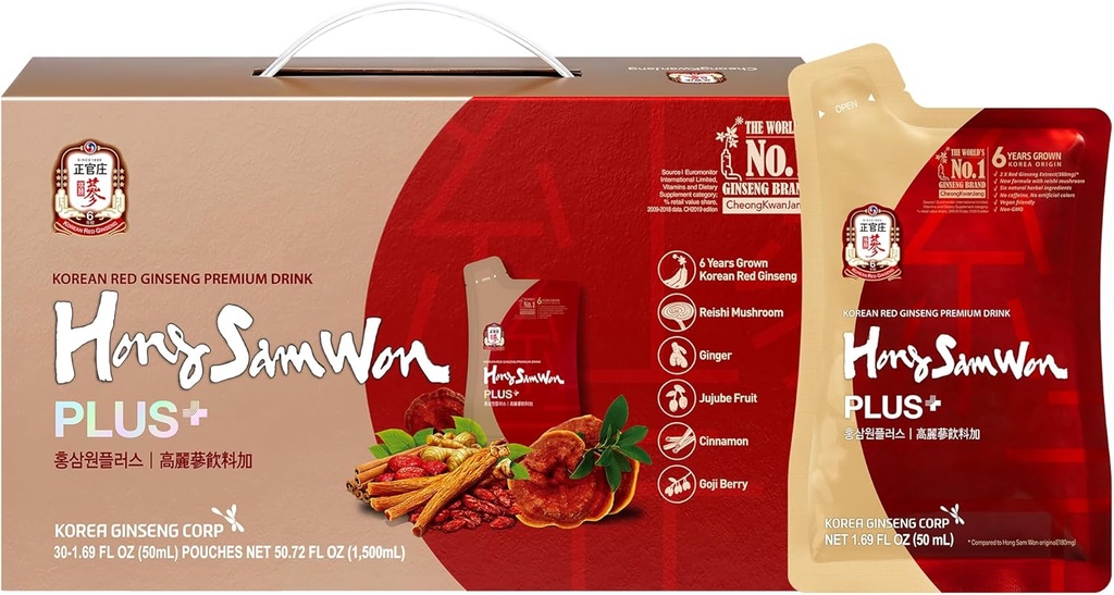 HongSamWon Plus Koreansk Rød Ginseng Premium Drink 124; Energy Drink, Pre Workout, Urte Tea 124; Koreansk Rød Ginseng Extract 360mg, Reishi Mushroom, Ginger, Kanel, Gojiberry