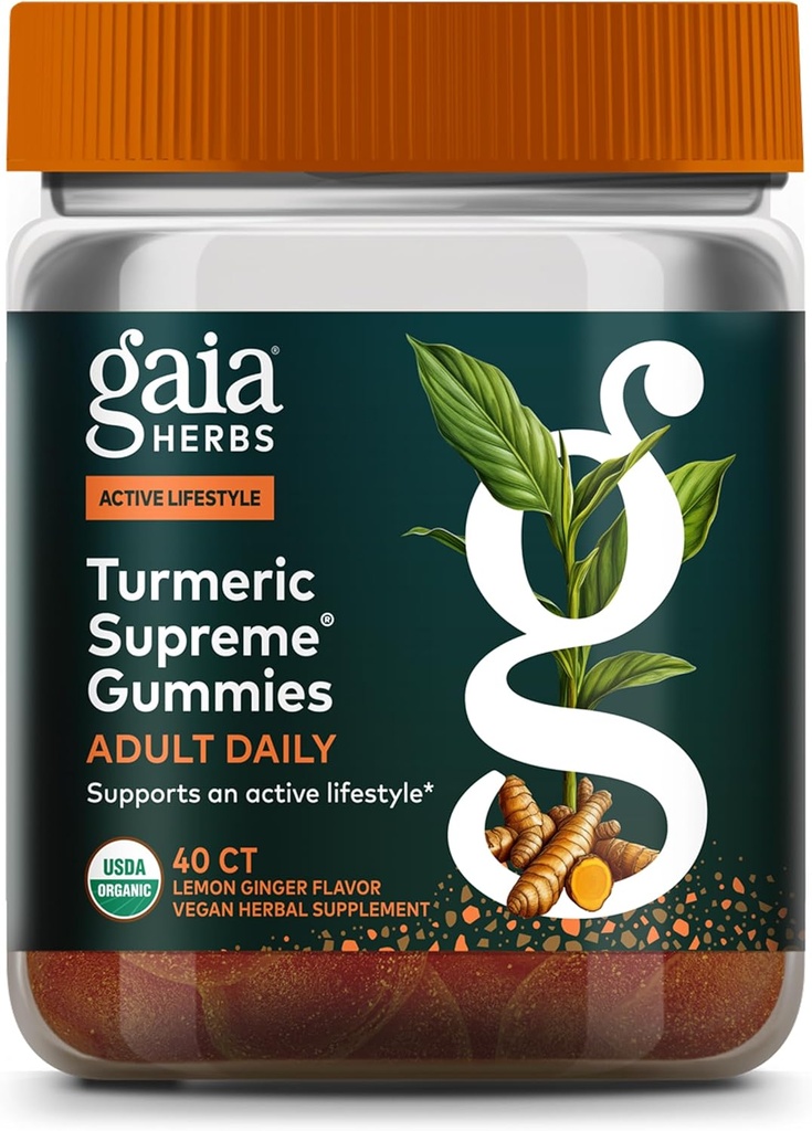 Gaia urter Gurkemeje Supreme Adult Daily Gummies- Daily Hævelse Support til sund, aktiv liv-USDA Certified Organic Blend of Gurkemeje og Supportive Herbs- 40 Gummies (20-dages Tilgang)
