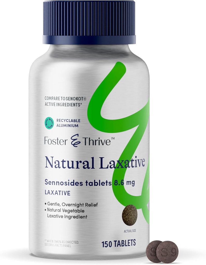 Foster & Thrive Senna Laxative, 150 Tablets, Natural Vegetable Ingredients, Day and Overnight Bowel Relief for Constipation, Bloating, Irregularity, Comparable to Senokot-S