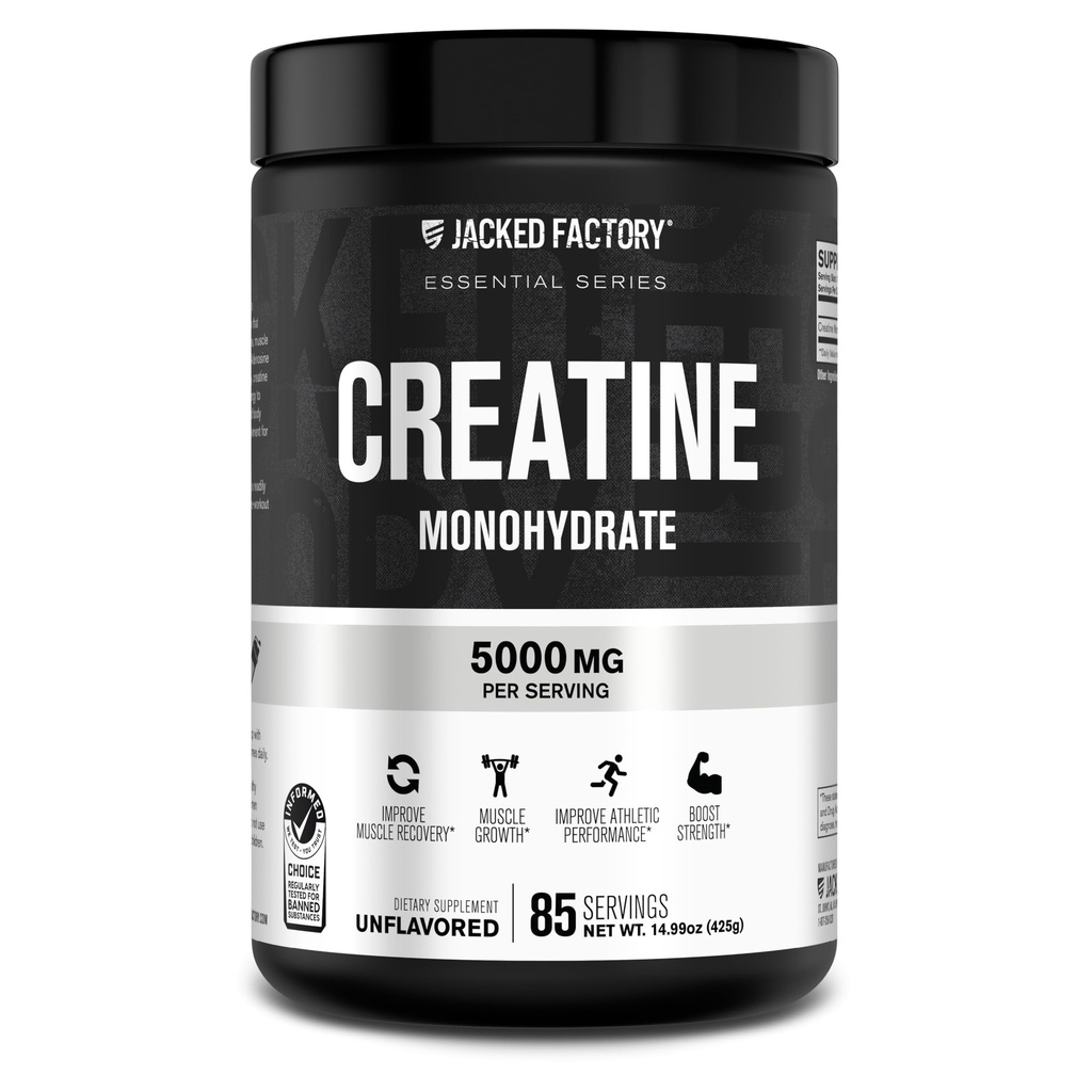 Jacked Factory Creatinine Monohydrat Powder 425g - 5g Daily Creatinine Supplement for mænd og kvinder, Vegan- Friendly, Third- Party Testet - 85 Serveringer, Unflavored
