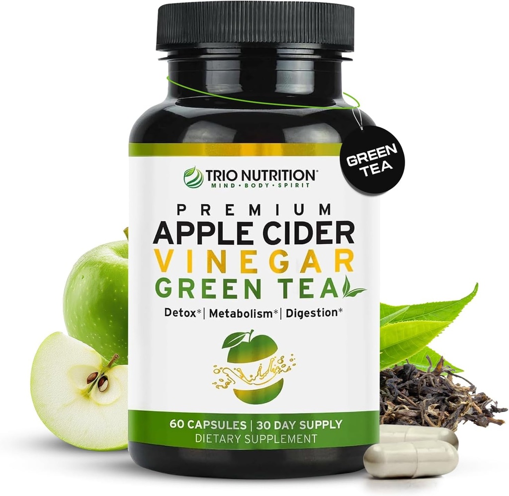TRIO NETRITION Apple Cider Vineddike kapsler med grøn te - Natural Sugar Free Apple Cider Vineddike piller med moderen til krop rengøring, immunforsvar, vægttab & Metabolisme Booster *