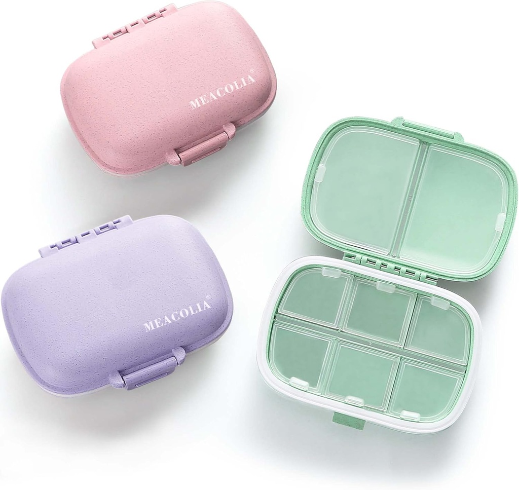 MEACOLIA 3 Pack 8 Compartments Travel Pill Organizer, Daily Pill Case Lille Pill Box til Pocket Purse, Portable Pill Container Medicine Vitamin Organizer (lilla, grøn, pink)