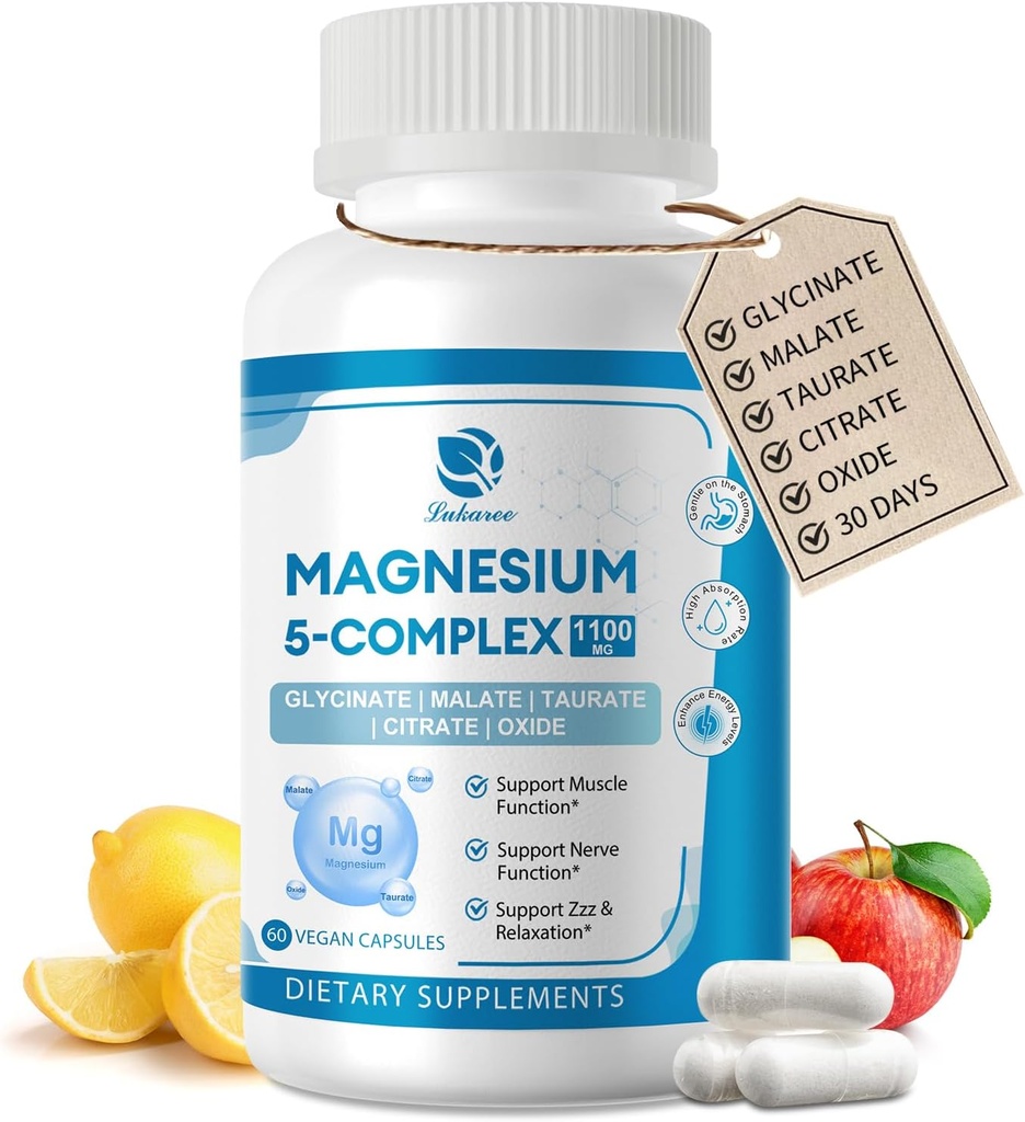 5-in-1 Magnesium Complex tillæg med vitaminer & planteekstrakter, 30 dages forsyning med Magnesium Glycinat Citrate Taurate Oxide for Calm Bone Muscle Energy Cortisol Balance, Vegan