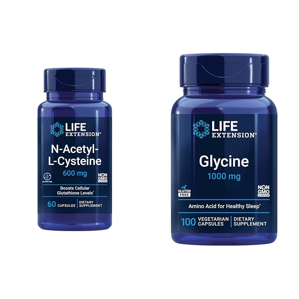 Life Extension N- Acetyl- L- Cystein (NAC) & Glycine 1000 mg, Promoes relaxation, Sund søvn, Aminosyre, Gluten- Free, Non- GMO, Vegetar, 100 Kapsler