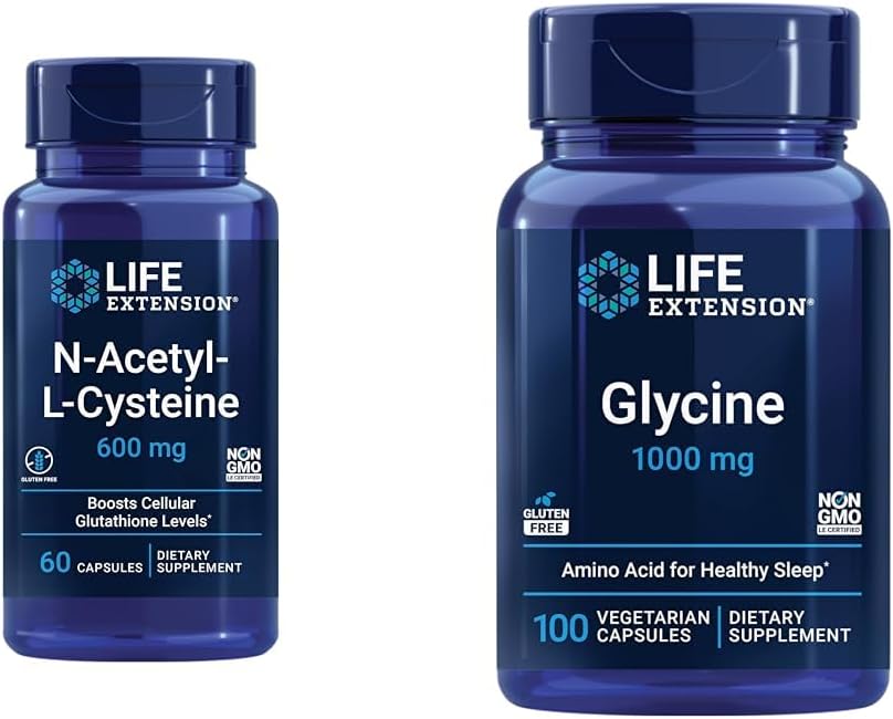 Life Extension N- Acetyl- L- Cystein (NAC) & Glycine 1000 mg, Promoes relaxation, Sund søvn, Aminosyre, Gluten- Free, Non- GMO, Vegetar, 100 Kapsler