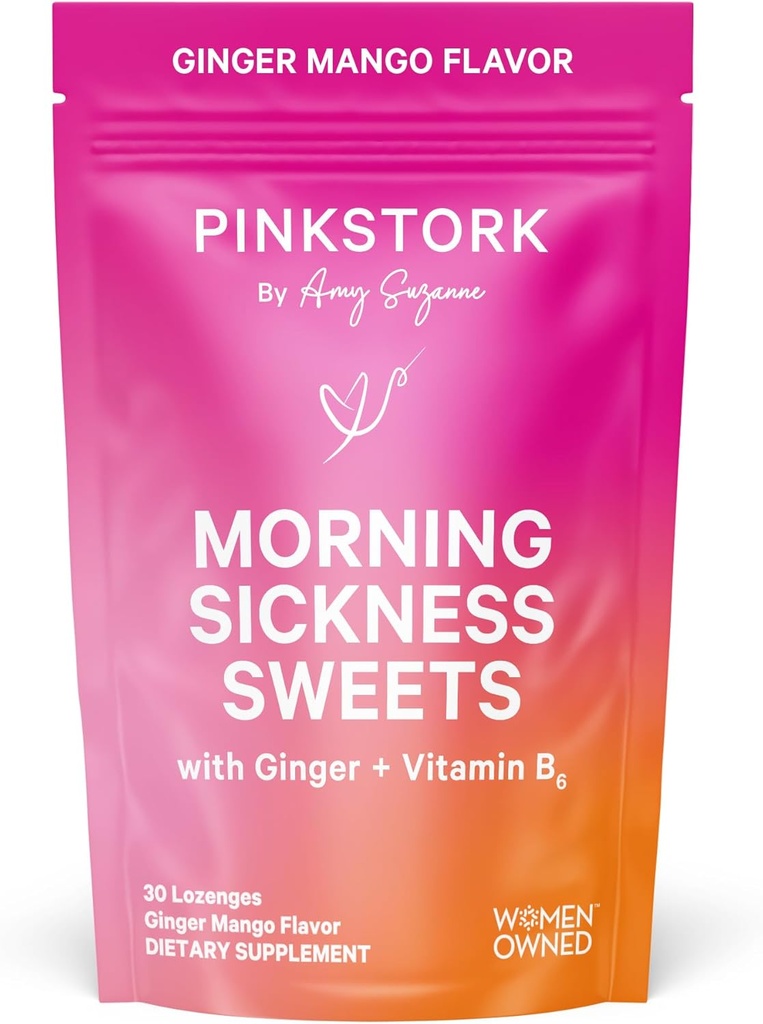 Pink Stork Morning Sygdom Sweets, Organic Mango Ginger Candy med vitamin B6 til morgen Sygdom, Motion Sygdom, Prenatal Heartburn - Graviditet Skal Haves - 30 indpakket dråber
