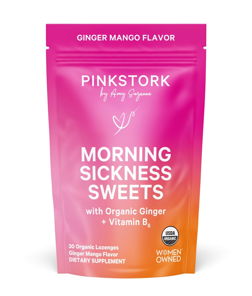 Pink Stork Morning Sygdom Sweets, Organic Mango Ginger Candy med vitamin B6 til morgen Sygdom, Motion Sygdom, Prenatal Heartburn - Graviditet Skal Haves - 30 indpakket dråber