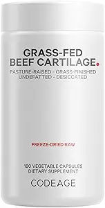 Kodeage Græs Fed Beef Cartiage Supplement - Fryse Tørret, Ikke-deaktiveret, Decicated Beef Tracheal Kvægbrusk & Leverpiller - Pasture Raised Argentina Beef Vitaminer - Non- GMO -180 Kapsler