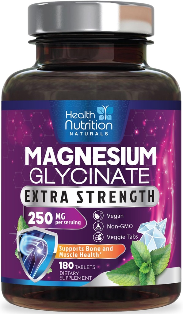 Magnesium Glycinat 250 mg - 100% Chelated Magnesium til Max Absorption - Sleep Support, Muscle, Nerves, Bone & Heart Health Support, Best Mag Supplement, Vegan Non- GMO, 3. parts testet - 180 tabletter
