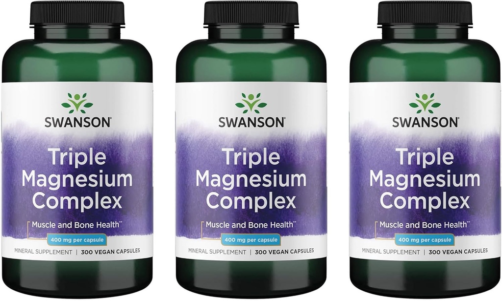 Swanson Triple Magnesium Complex - Mineral Supplement - Natural Support - Med Citrate, Oxide & Aspartat - (300 kapsler, 400mg hver, 3 pakke)