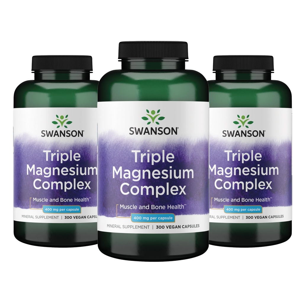 Swanson Triple Magnesium Complex Bone, Nerve, and Muscle Support Supplement for Adults Seeking Optimal Magnesium Absorption - 400 mg (300 Vegan Capsules, 3 Pack)
