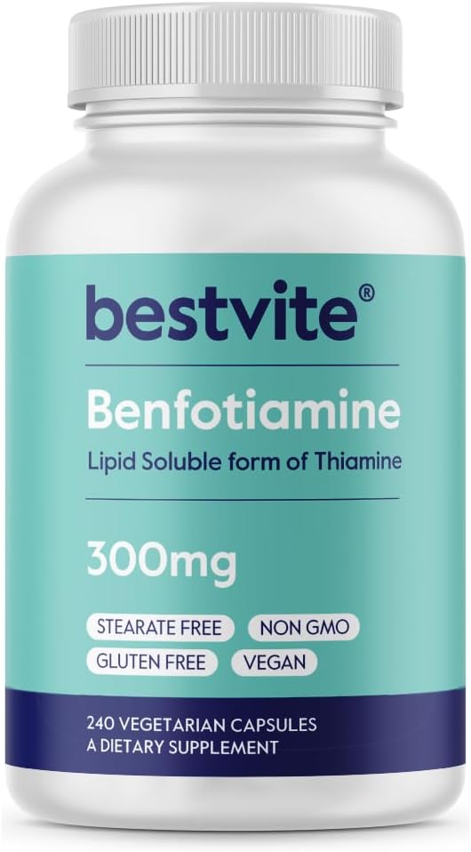 BESTVITE Benfotiamin 300mg (240 vegetariske kapsler) Ingen stearater - Ingen silikonedioxid - Vegan - Ikke GMO - Gluten Free