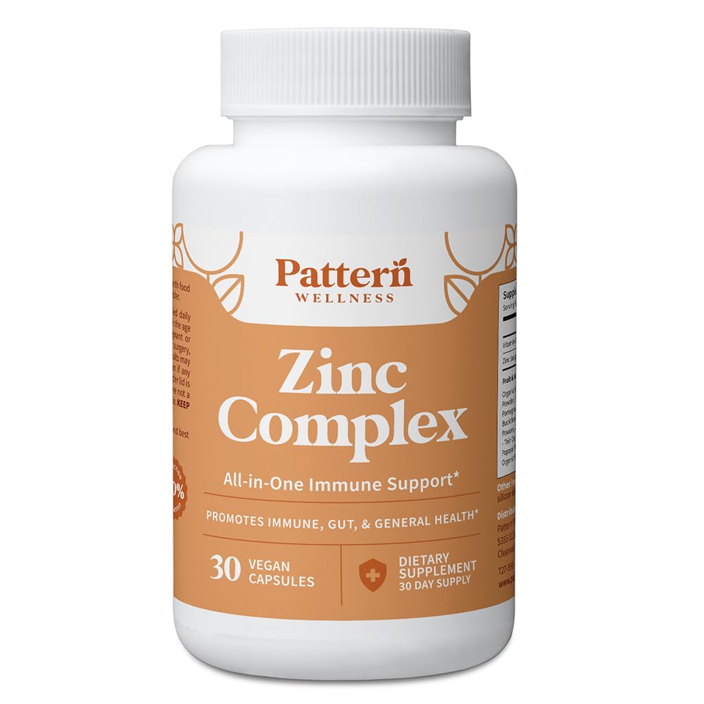 Mønster Wellness Zink Complex - understøtter immunforsvar, hud & fordøjelsessygdomme - Høj Absorption Zink med C-vitamin, Probiotika & naturlige blandinger - 30 Veganske kapsler