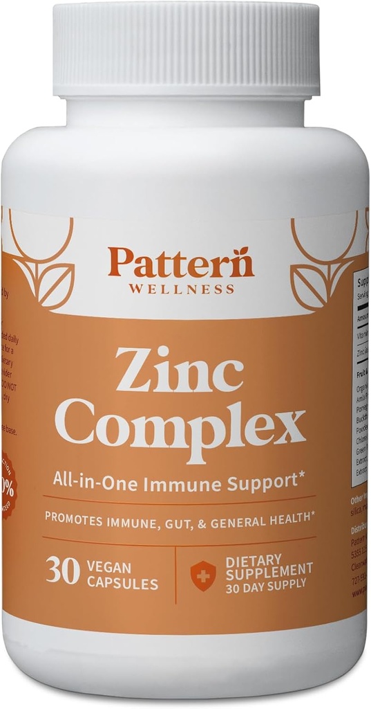 Mønster Wellness Zink Complex Supplement - Høj Absorption Zink med C-vitamin + Probiotika - All- in- One immunsupport - 3. parts Lab Testet - 30 Veganske kapsler