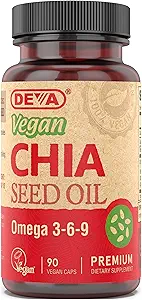 DEVA Vegan Vitamins Chia Seed Oil, Packed with Omega 3, 6, 9 & Other Essential Fatty Acids, Cold-Pressed & Unrefined, 90 Capsules