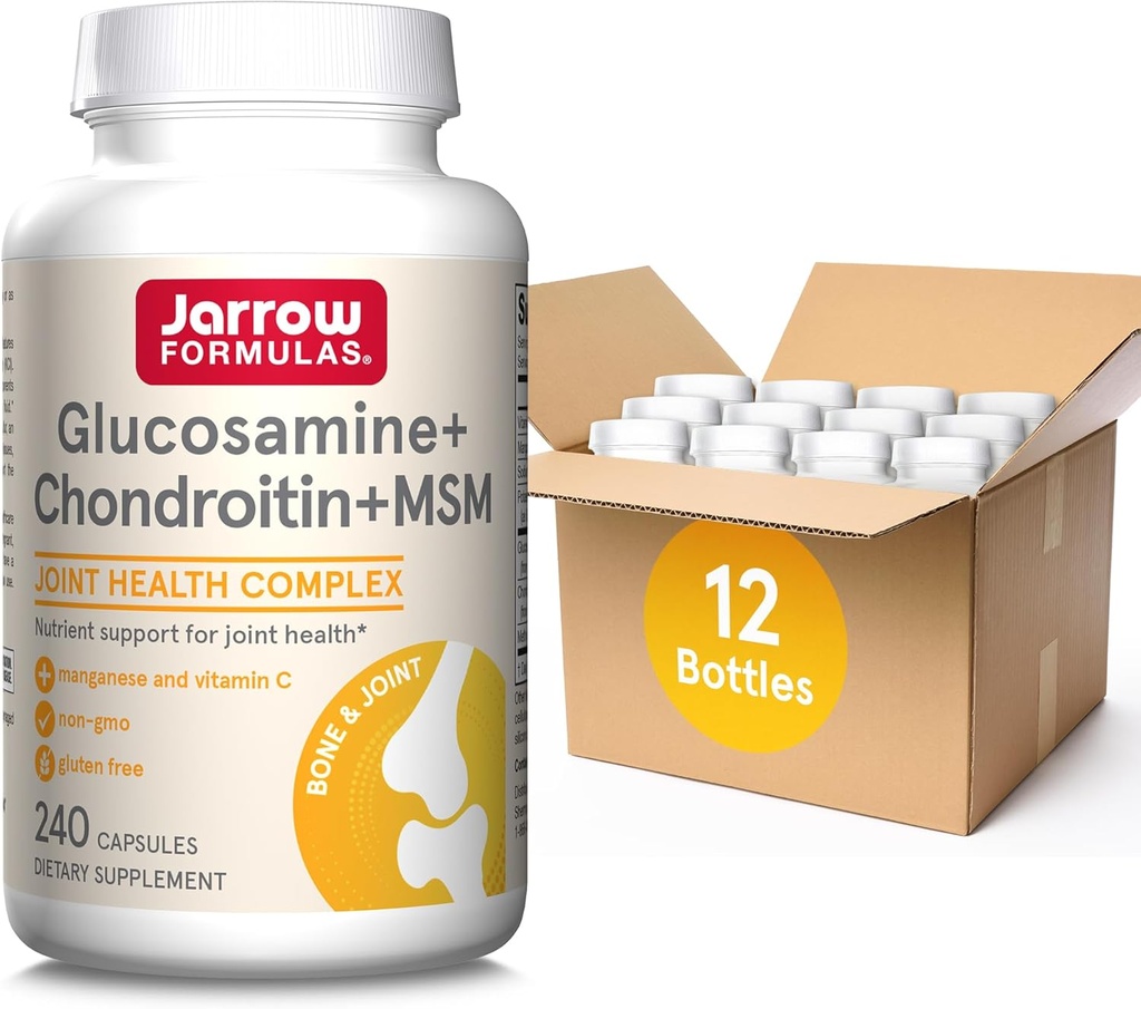 Jarrow Formulas Glucosamine + Chondroitin + MSM Capsules, Joint Support Supplement with Vitamin C and Manganese, 240 Capsules, 60 Day Supply, Pack of 12