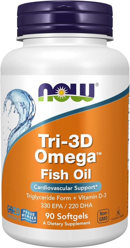 Now Foods Supplements, Tri- 3D Omega ™, Triglycerid Form of Omega-3 Fish Oil + Vitamin D-3, Molekulært Destilleret, 90 Softgels