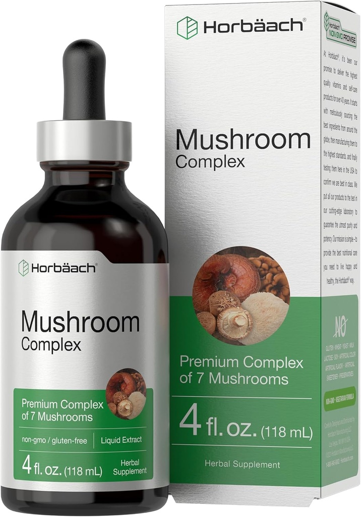 Horbäach Mushroom Complex 124; 4 Fl Oz Herbal Liquid Drops Shue 124; Lions Mane, Reishi, Shiitake, Chaga, Cordyceps, Maitake, og Oyster Mushroom Supplement Blend Shut 124; Vegetar Shue 124; Non- GMO, Gluten Free Formel