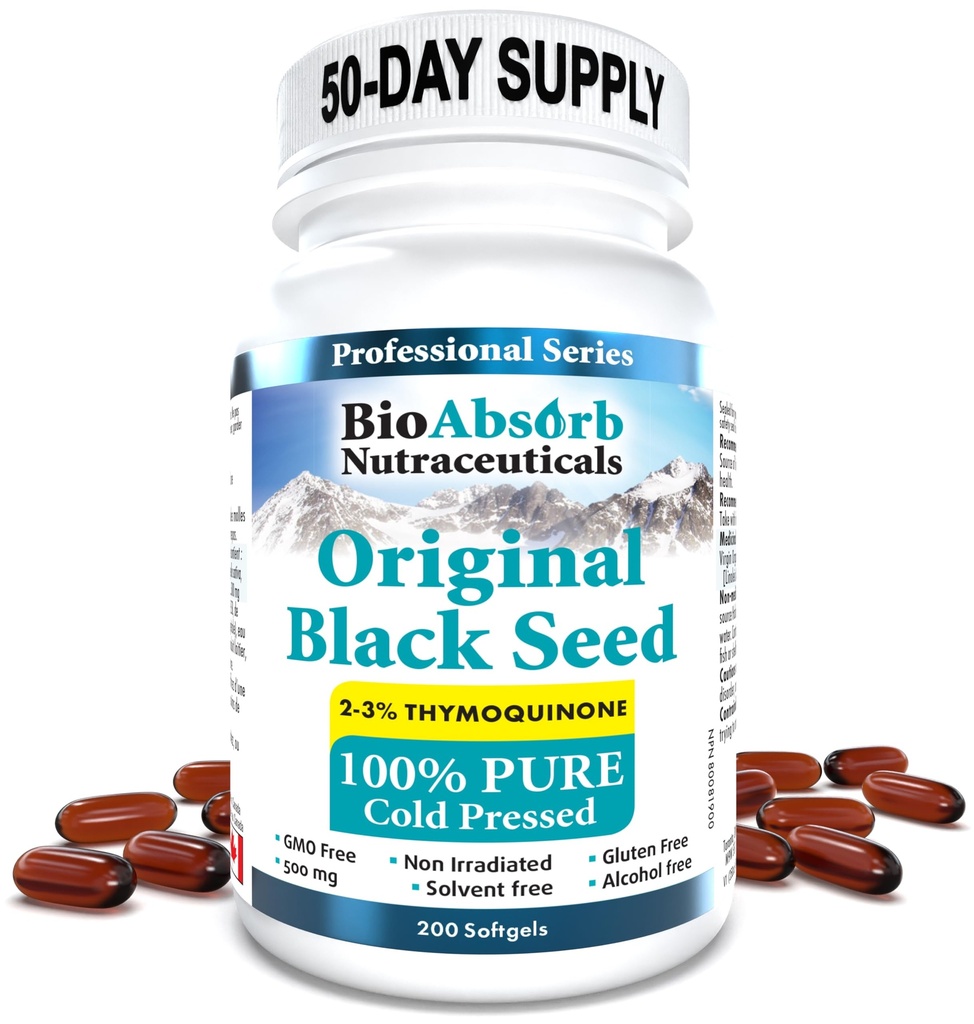 Bio Absorb Black Seed Oil Cold Pressed Capsules. 200 bløddele, 500mg (50- Day Supply). Ingen eftersmag.