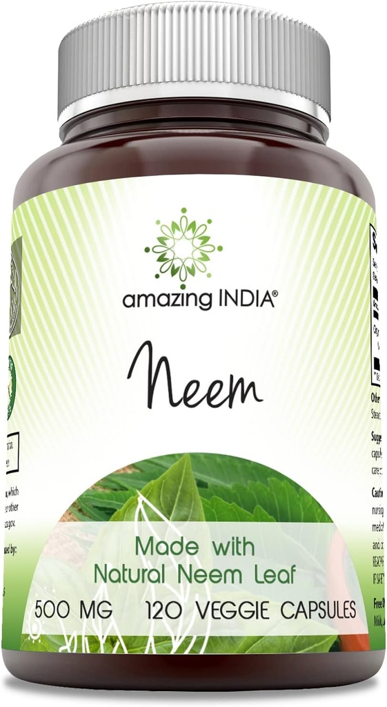 Amazing India Neem (Made with Natural Neem Leaf) Supplements124; 500 Mg ttesmå 124; 120 Veggie Capsules 124; Non- GMO ttesmå 124; Gluten- Free MSD 124; Made in USA