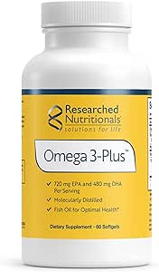 Researched Nutritionals Omega-3 Plus Fish Oil - EPA DHA Omega 3 Supplement to Support Cardiovascular & Brain Health - Molecularly Distilled for Purity & Safety (60 Softgels)