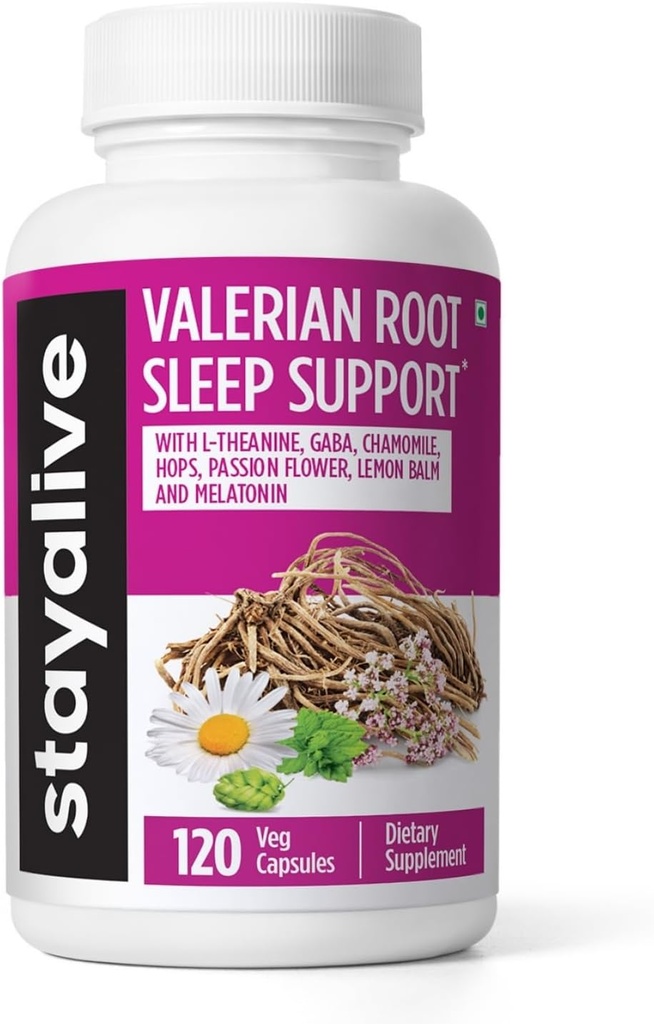 Stay ALIVE Valerian Root Capsules, 8-in-1 Extract w / Melatonin, Passion Flower, L- Theanine, Lemon Balm, Humle Flower, Kamille & GABA, 120 Valerian Pills, Non-GMO & Gluten- Free Natural Sleep Supplement