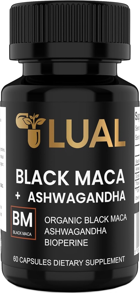 LUAL 30,000mg 30x Strength Organic Black Maca Root med Ashwagandha - Højeste potens Black Maca Root kapsler til mænd - 100% Pure Maca Peruana Powder Organic, Gelatiniseret, ikke-GMO - 60 piller