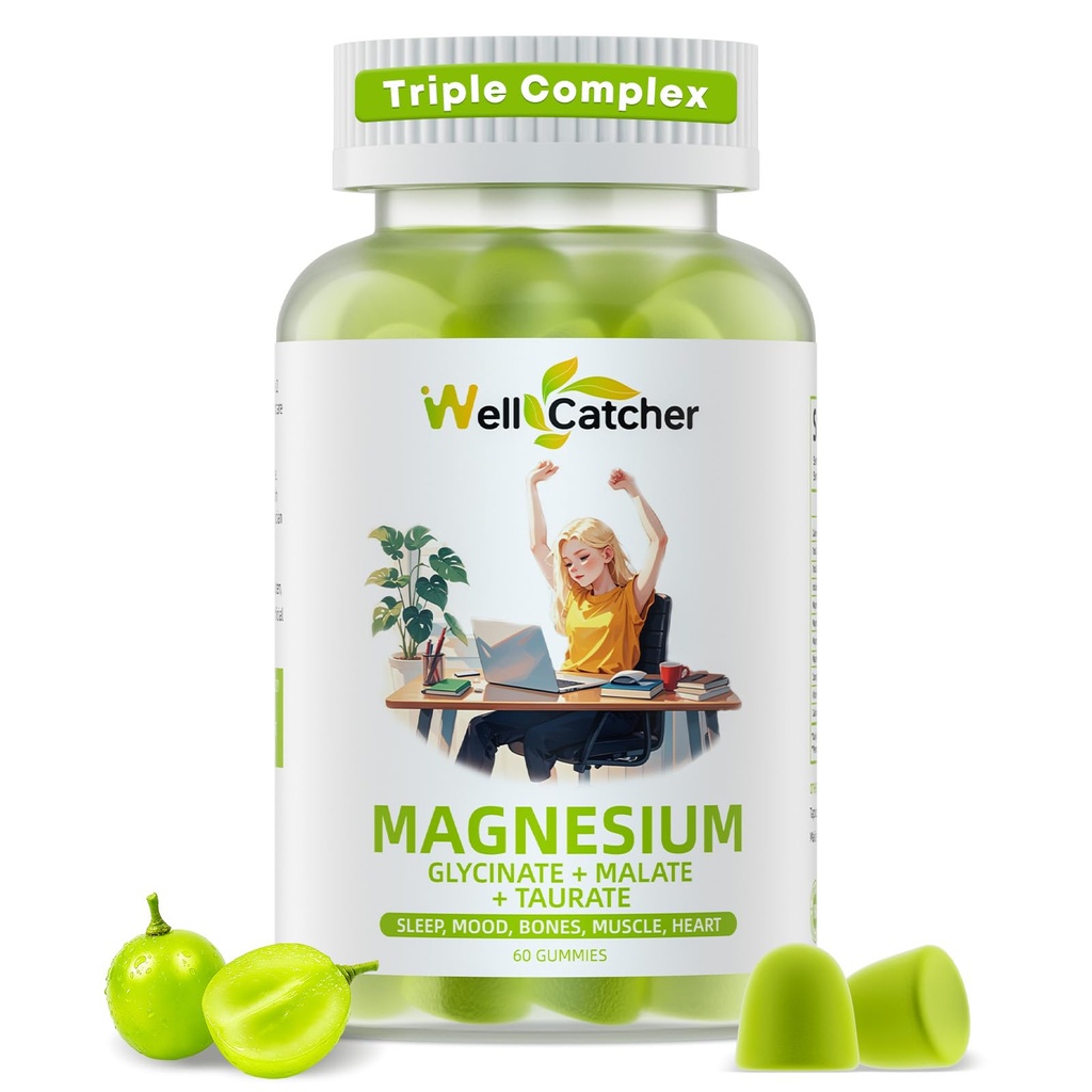 Magnesium Complex gummies for adult: Triple Magnesium supplement med Magnesium Glycinate Malattaurat for mænd Kvinder Support Sleep Mood Balanced Bones Muscle Health Sugar Free Organic 60CT