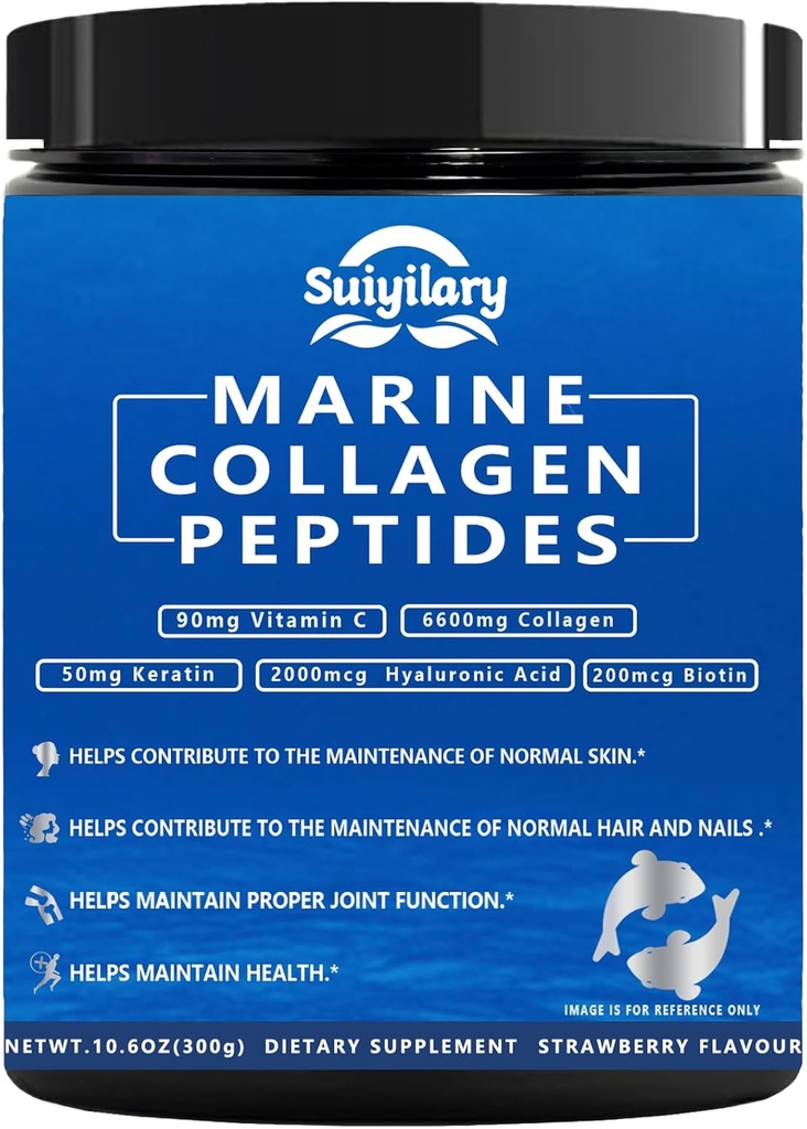 Kollagen peptider pulver til kvinder, Multi Marine hydrolyseret til sundt hår, hud, negle med hyaluronsyre, biotin, C-vitamin, 30 Servere (10.6 OZ, Jordbær)