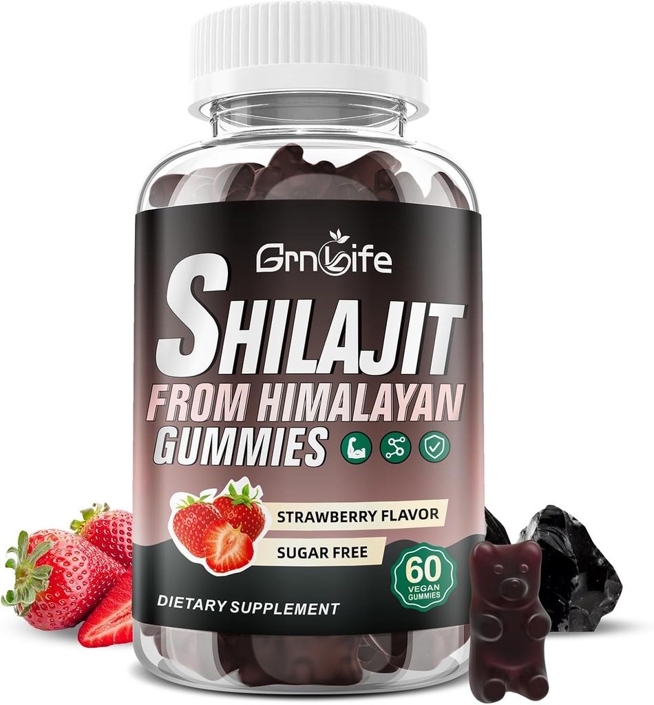 Shilajit Gummies for Mænd & Kvinder, 1000MG Shilajit Supplement med 85 + Trace Minerals & Fulvic Acid for Energy, Immunity, Sugar- Free, Strawberry- 60 Greve