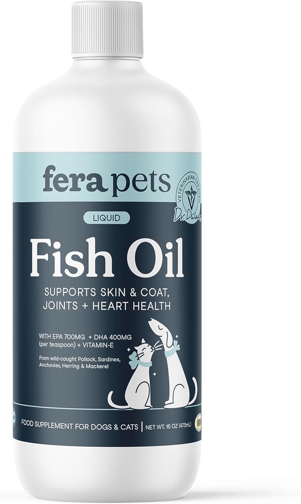 Fera Kæledyr Fish Oil - Omega 3 til hunde og katte til støtte Joints, hjerte, hud og coat sundhed - Ikke GMO med vitamin E - 16 oz