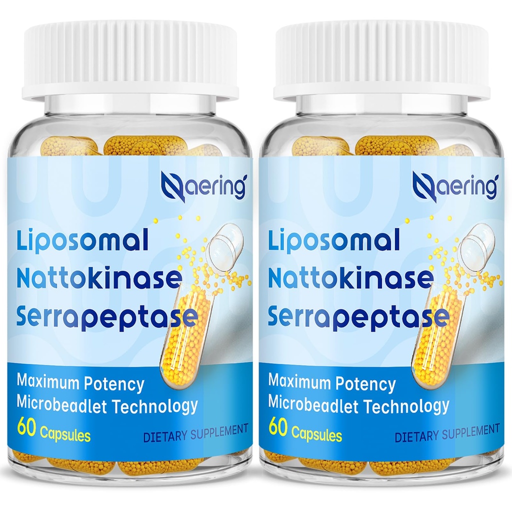 Liposomal Nattokinase 12.000 FU Serrapeptase 360.000 SPU Enzyme Supplement - Beriget med Synergistiske enzymer og næringsstof Blend & Inulin til Circulatory, Gut, fordøjelse 60 kapsler (2 flasker)