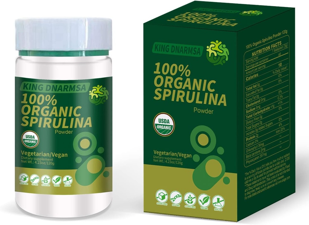 Certificeret 100% Organic Spirulina Powder 4.23oz / 120g Rich in Rich in Beta- Caroten (vitamin A) og B- 12 med naturligt occurring GLA, Vega Non- GMO- Superfood supplement