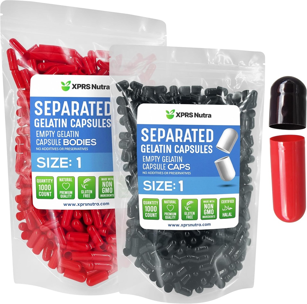 XPRS Nutra Størrelse 1 Gelatine Separated Capsules - 1000 Grev Tomme Pille Kapsler Separated in Bags - Tomme Pills for DIY Supplement Filling (Sort / Rød)