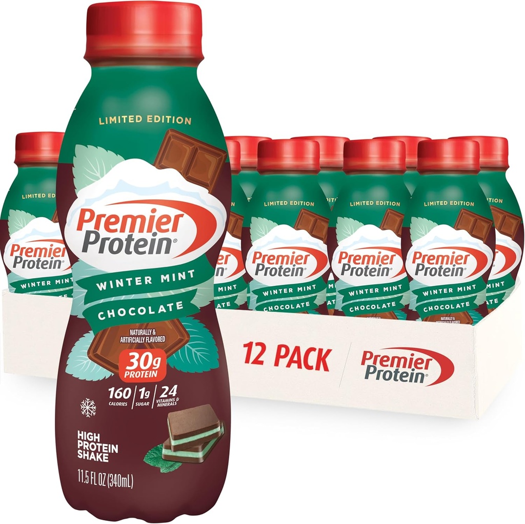 Premier Protein Shake, Limited Edition Winter Mint Chokolade, 30g Protein, 1g Sukker, 24 Vitaminer & Mineraler, Nutrients to Support immunHealth, 11.5 oz, 12 Pack