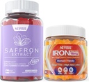 1Pack Saffron Supplement Gummies 100% Pure Saffron Extract Whole Herb Gummies + 2P Vegan Iron Gummies Supplement med vitamin C, B12, Folate & Gurkemeje