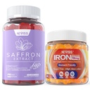 1Pack Saffron Supplement Gummies 100% Pure Saffron Extract Whole Herb Gummies + 2P Vegan Iron Gummies Supplement med vitamin C, B12, Folate & Gurkemeje