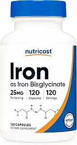 Nutricost Iron Bisglycinate Supplement (25mg) 120 Kapsler - fra ferroBisglycinat - non-GMO & gluten- fri